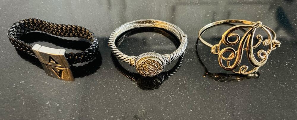 3 Pc Statement Bracelet Lot Black Woven Silver Tone Cable Monogram Letter A Cuff
